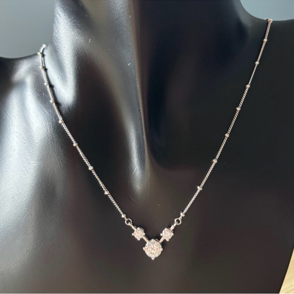 Diamonique Sterling Silver Three Stone Necklace with Beaded Chain
